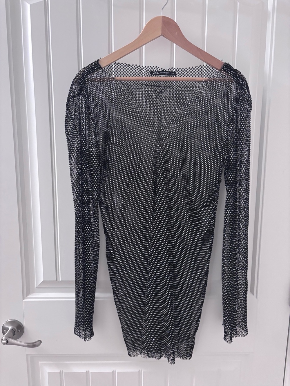 Zara Black Sheer Metallic Dot Long Sleeve Dress